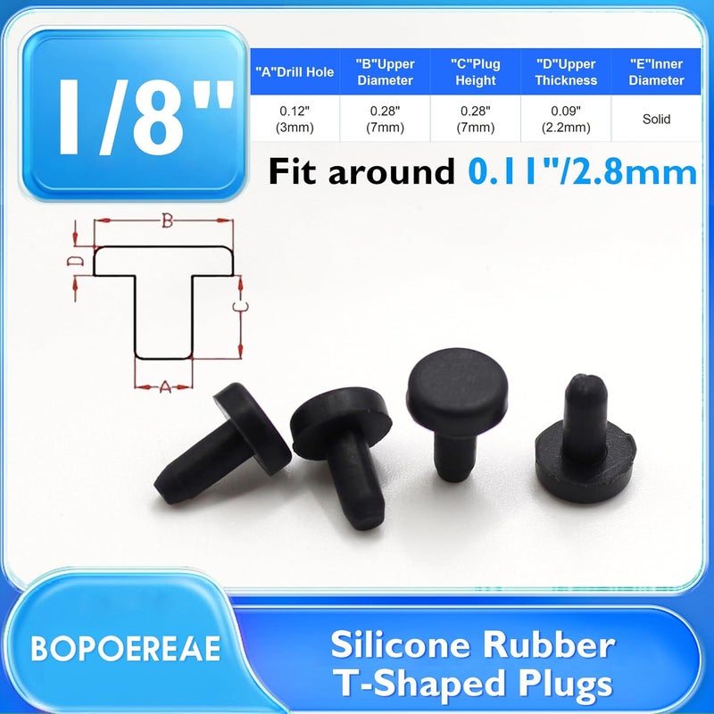 BOPOREAE 35 Pcs 3 mm/0.12 in Silicone Rubber Plug for Small Round Holes, Waterproof T Type Rubber Stoppers, Soft Flexible Seal Button Plugs Tube Pipe End Caps Inserts Bathtub Jet Covers, Black - Image 2